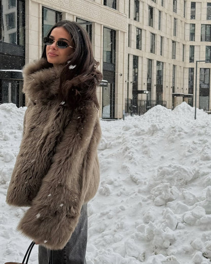 Winter Women Warm Faux Fur Coats Fashion Browns Long Sleeve Stand Collar Short Jackets 2025 Lady High Street Commute Outerwear