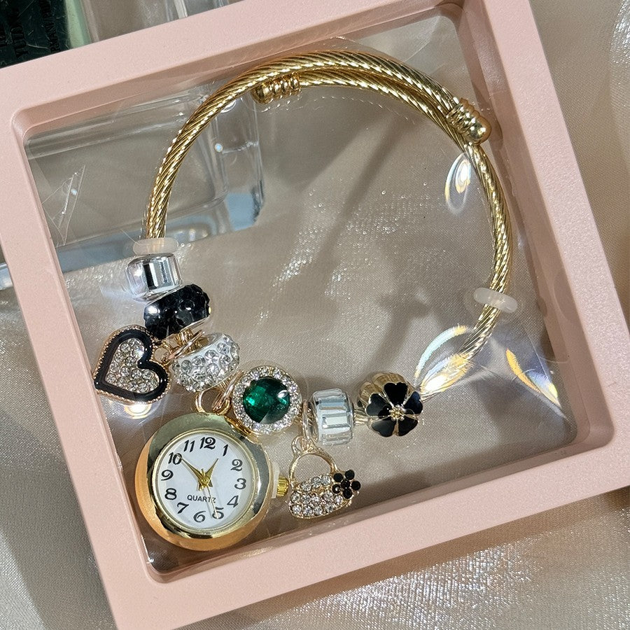 Cross-border Gold Bracelet Watch Adjustable opening Alloy bracelet Quartz Watch Beaded Small flower bracelet Watch