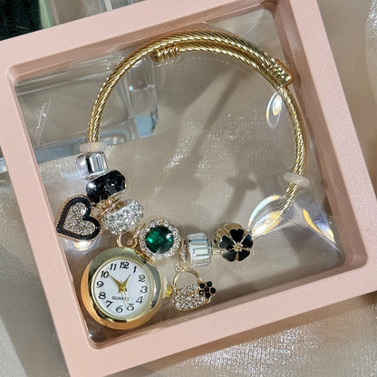 Cross-border Gold Bracelet Watch Adjustable opening Alloy bracelet Quartz Watch Beaded Small flower bracelet Watch