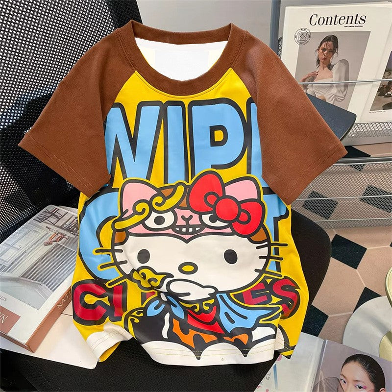 2025 New Hello Kitty T-shirt Anime Sanrio Fashion Short Tops Y2k Summer Cute Tees Cartoon Print High Street Women's Short Sleeve