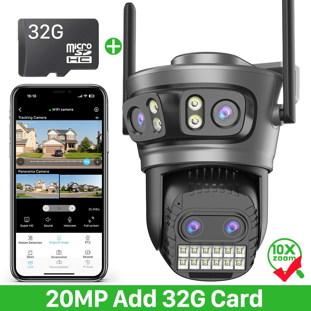 20MP 10K PTZ Wifi Camera Four Lens 10X Zoom Surveillance Camera Outdoor 360°No Dead Angle Ultra Long Range Night Vision Security
