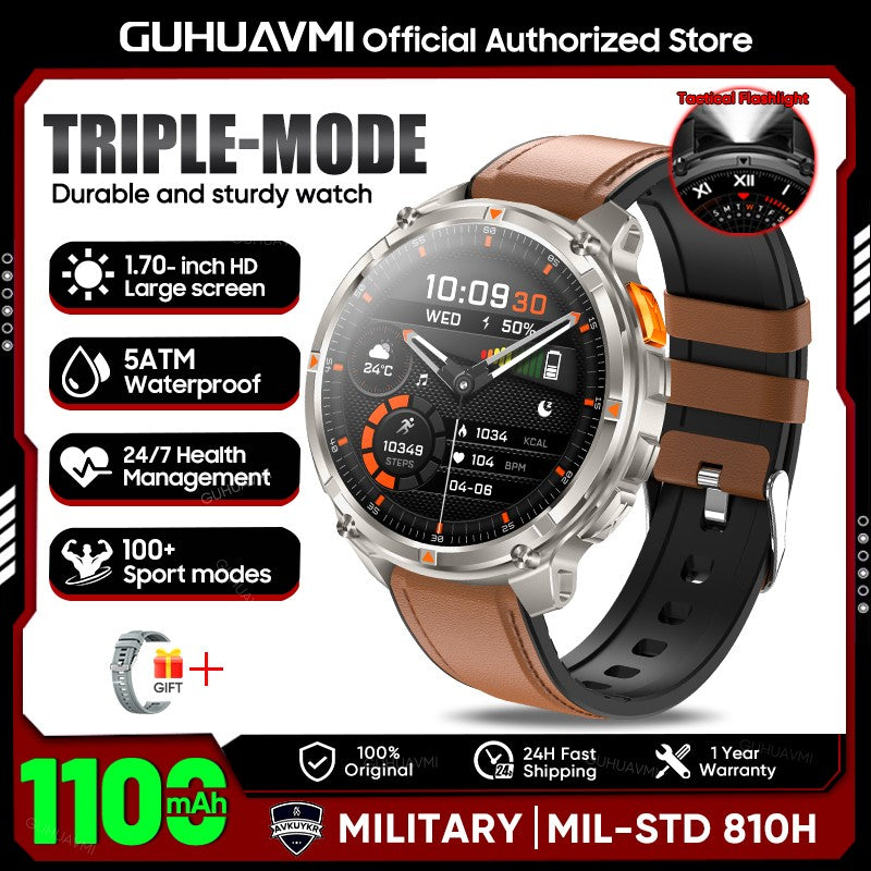 2026 New 1.7-inch Military sports SmartWatch 1100mAh large battery Outdoor compass flashlight 5ATM waterproof BT Call SmartWatch
