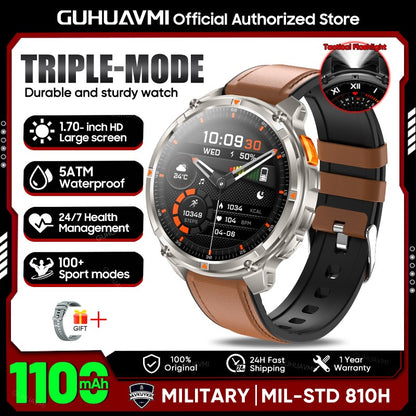 2026 New 1.7-inch Military sports SmartWatch 1100mAh large battery Outdoor compass flashlight 5ATM waterproof BT Call SmartWatch