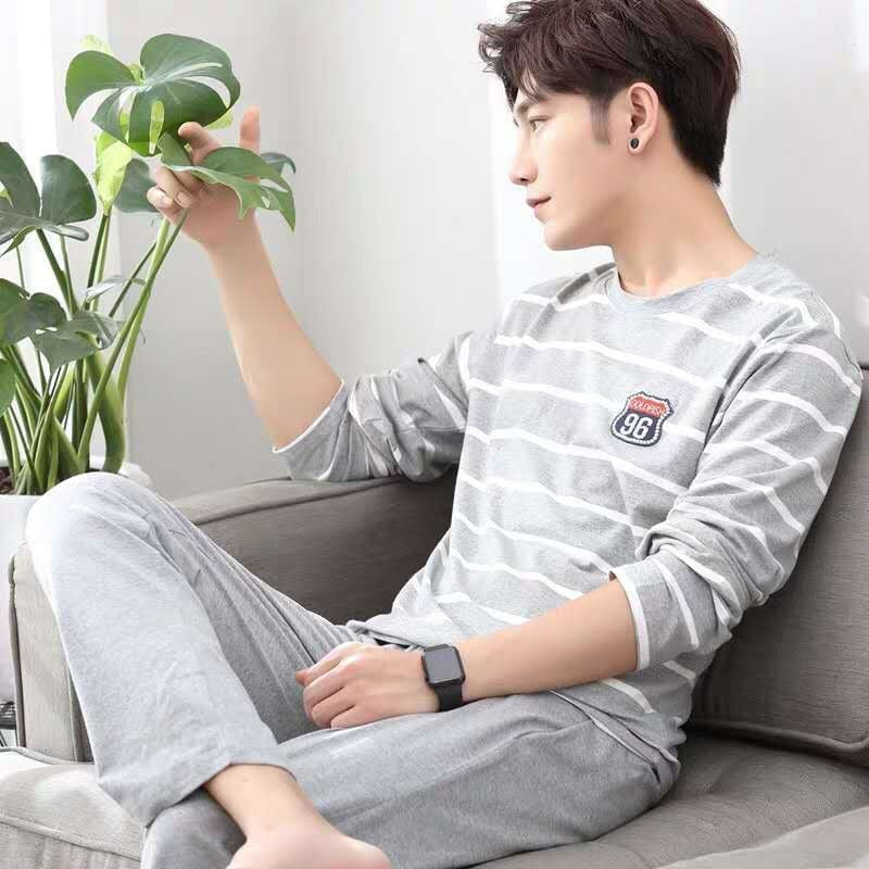 2Pcs/set men's pajamas set of large size long-sleeved long trousers autumn and winter students home clothing round neck autumn m