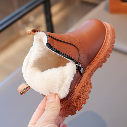 21-30 Kids Ankle Boots for Little Boys Girls Thermal Snow Boots Fashion PU Leather Children Short Rubber Boots with Thick Plush