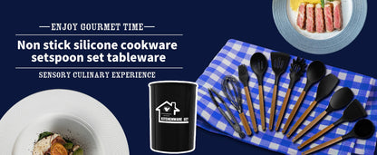Conjunto de utensílios de cozinha de silicone, 19 peças com cabo de madeira, espátula, panela antiaderente e balde de armazenamento de facas multiuso integrado