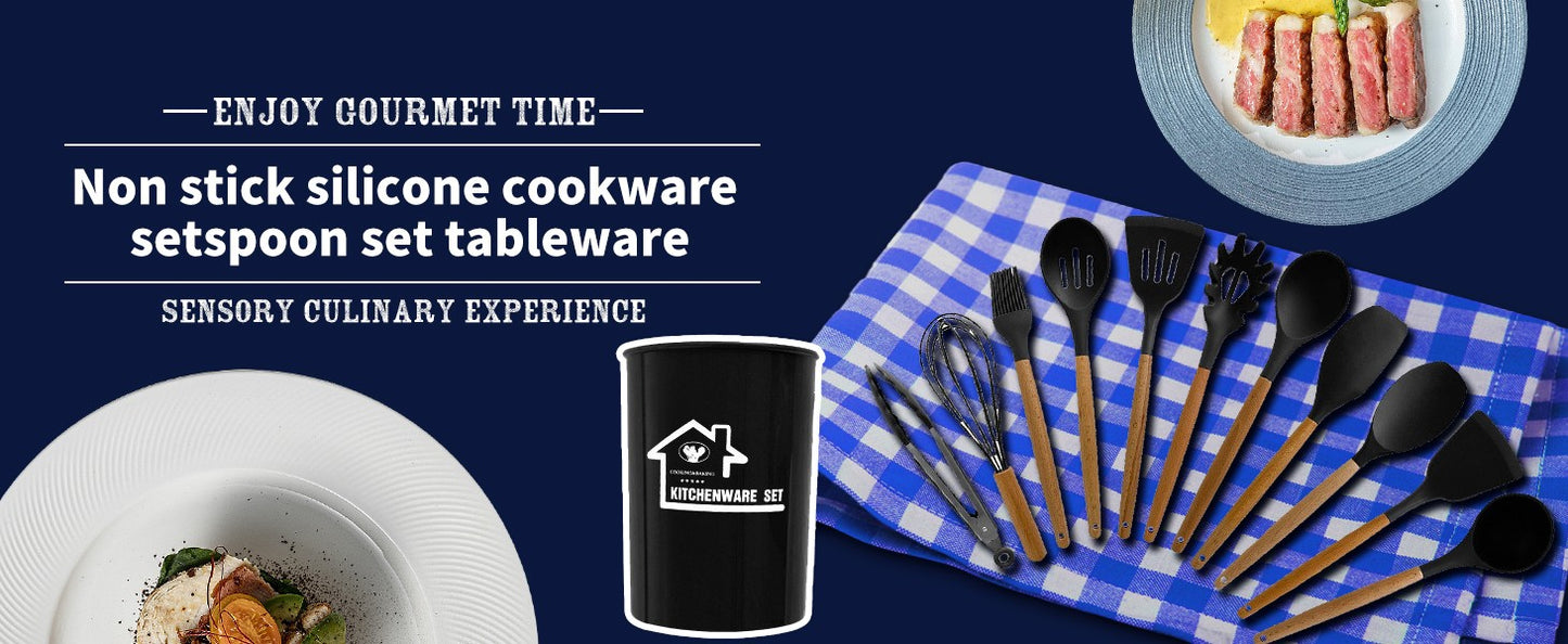 Conjunto de utensílios de cozinha de silicone, 19 peças com cabo de madeira, espátula, panela antiaderente e balde de armazenamento de facas multiuso integrado
