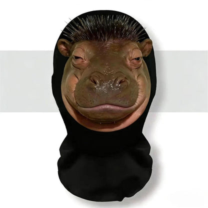 A realistic mesh headwear with hippopotamus emojis, a breathable party mask, and essential equipment for cycling out