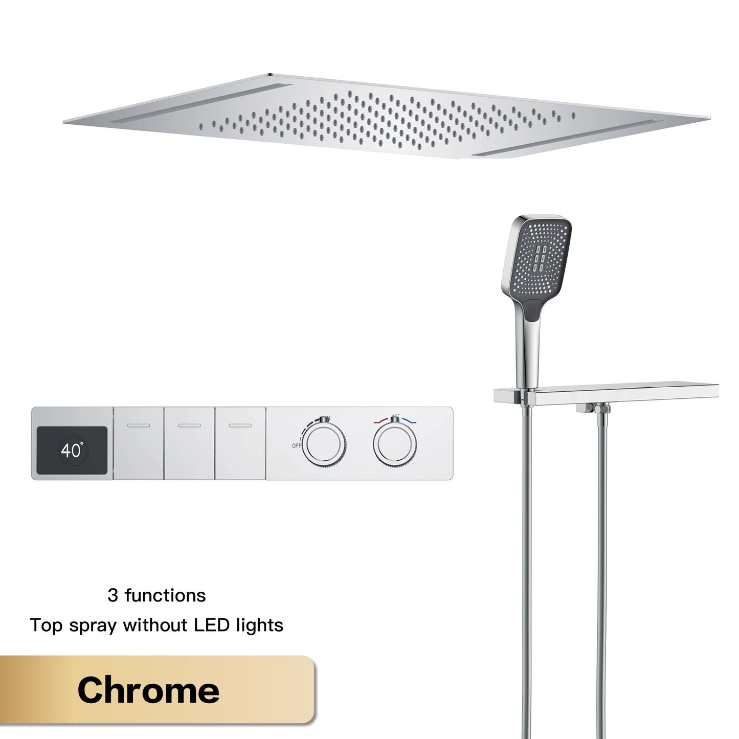 Sistema de chuveiro de teto luxuoso em latão cinza escuro com temperatura constante e display digital LED de água quente e fria, torneira de banheiro embutida