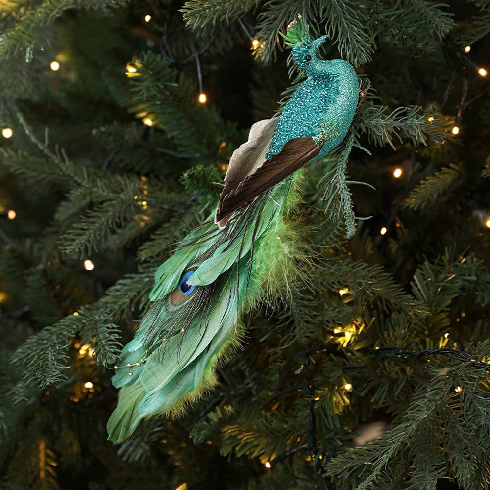 Long Tail Christmas Peacock Ornaments Realistic Glimmering Feather Peacock Bird Figurine Handmade with Clip Christmas Tree Decor