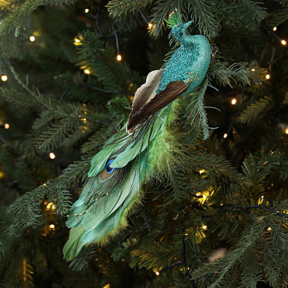 Long Tail Christmas Peacock Ornaments Realistic Glimmering Feather Peacock Bird Figurine Handmade with Clip Christmas Tree Decor