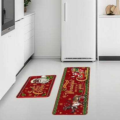 2 Pcs Christmas Kitchen Rugs Black Santa Christmas Decorations Xmas Winter Floor Mats Non Slip Washable Rubber Backing Doormat