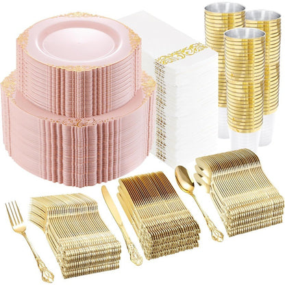 700PCS Pink Plastic Plates Pink and Gold Plates Luxury Pinks Plastic Dinnerware Set Include 200 Pinks Disposable Plates 300 Hea