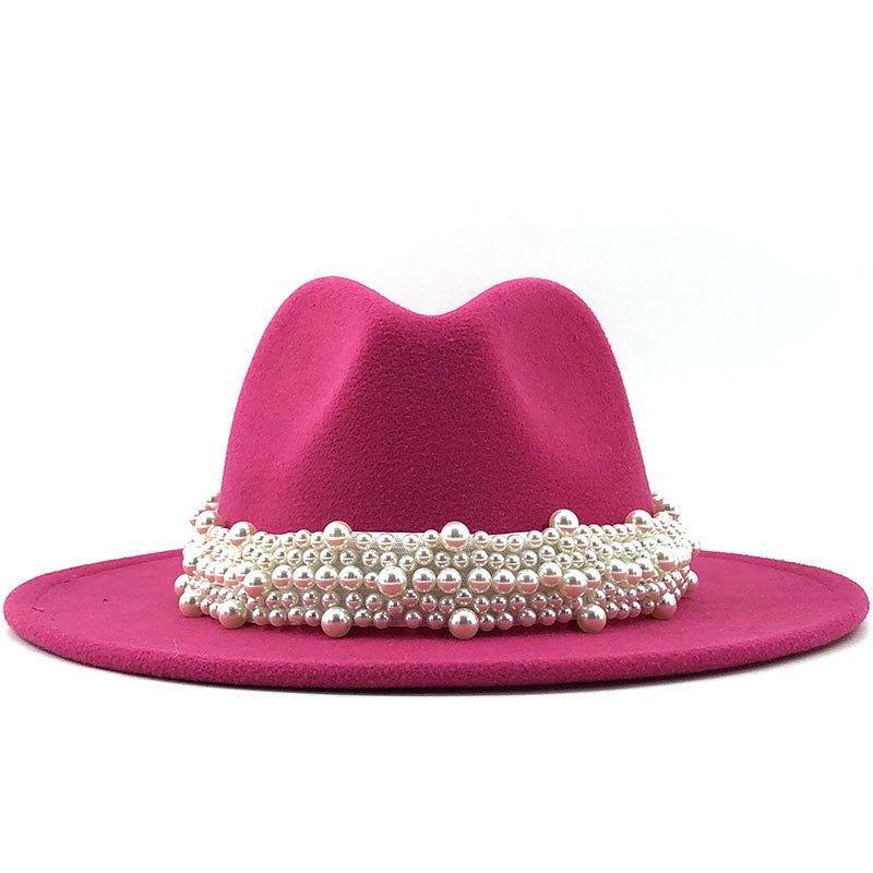 Chapéu Fedora De Lã Feminino Masculino Com Fita De Pérolas Cavalheiro Elegante Senhora Inverno Outono Aba Larga Igreja Panamá Sombrero Boné De Jazz 60CM
