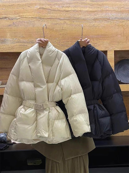 Lagabogy 2025 Winter Belt Waist-Tight Elegant Warm 90% White Duck Down Jacket Female Long Sleeve Solid Color V-neck Puffer Coat