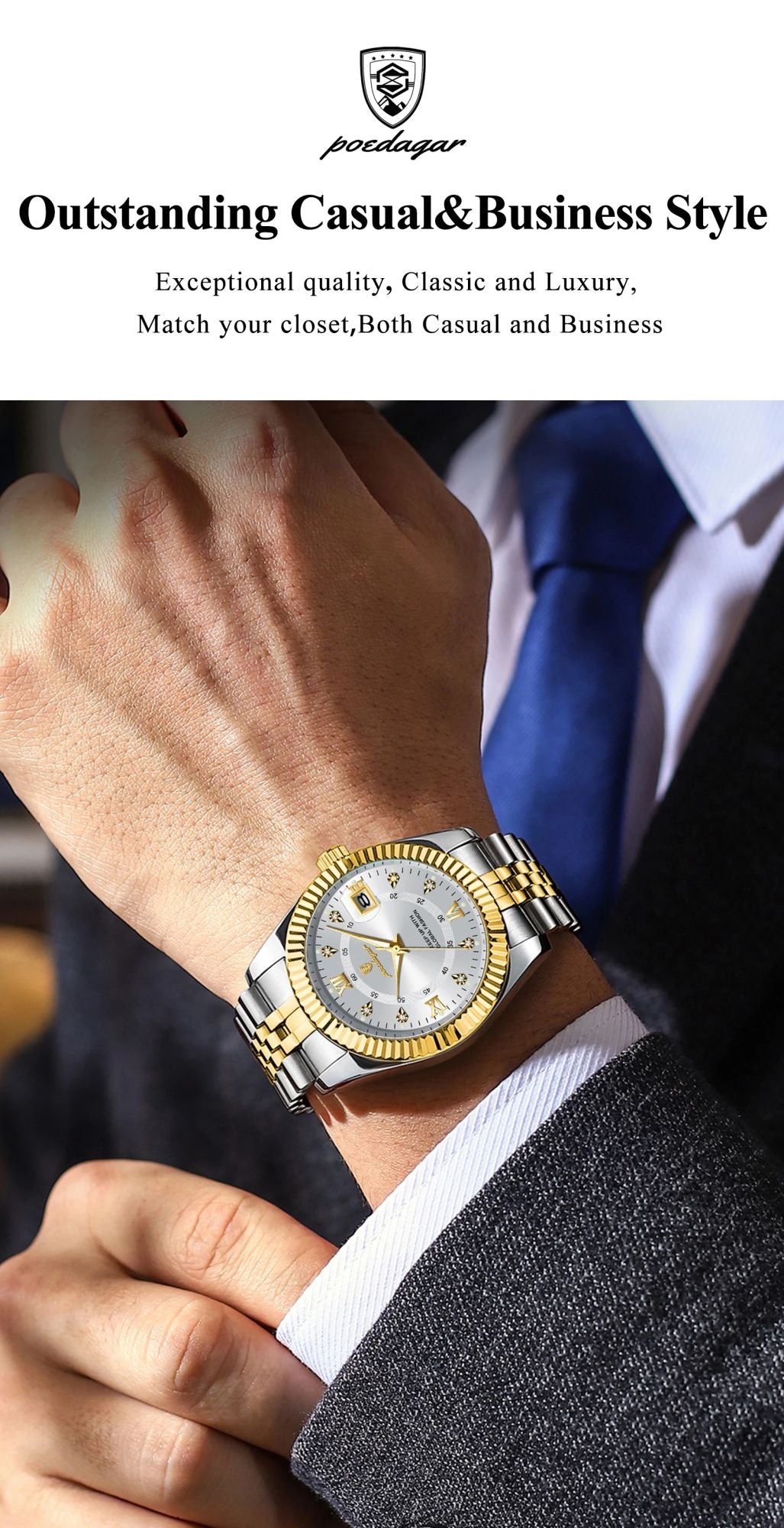 POEDAGAR Luxury Business Men Wristwatch Waterproof Luminous Date Military Man Watch Stainless Steel Fashion Men's Quartz Watches