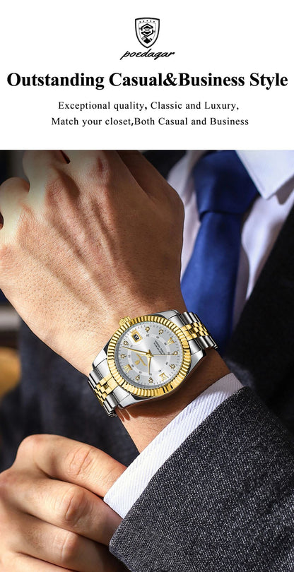 POEDAGAR Luxury Business Men Wristwatch Waterproof Luminous Date Military Man Watch Stainless Steel Fashion Men's Quartz Watches