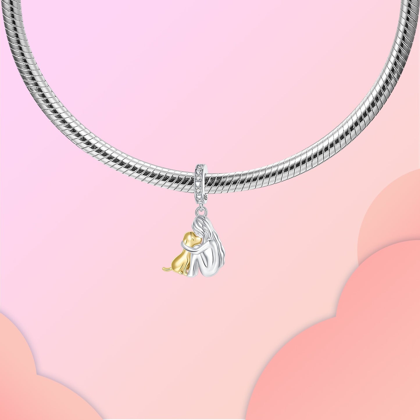 Girl & Dog Hugging Dangle Charm S925 Sterling Silver Two tone pendants Fit Original Bracelet Making Pet Lovers’ Bracelet Gift