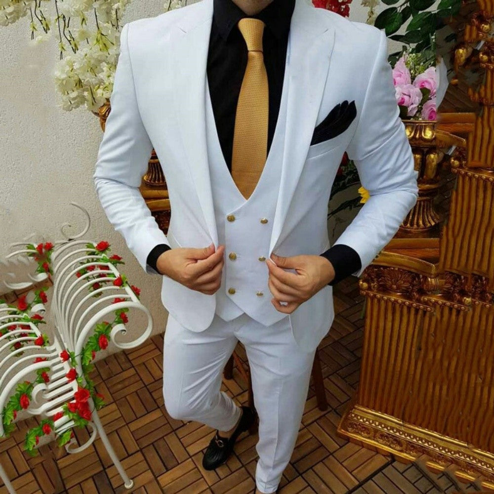 Smoking masculino de 3 peças, ternos brancos para o noivo, jaquetas de design, conjuntos de casamento novos em roupas e blazer