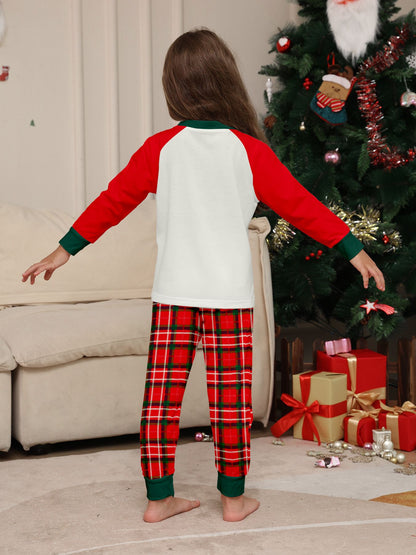 Christmas Kids Pajamas Set  "Merry Christmas Happy New Year" Print Raglan Sleeve Red White Green & Red Plaid Pants Sleepwear