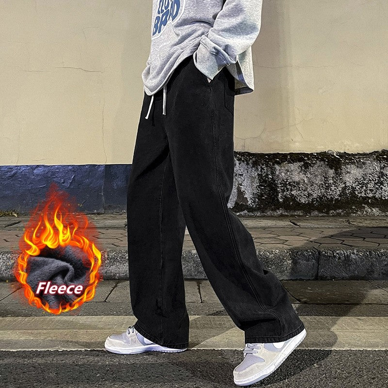 Calças jeans largas de inverno com forro polar, Calças largas retas de veludo, quentes e confortáveis, com elástico na cintura e pernas largas, marca de roupas masculinas