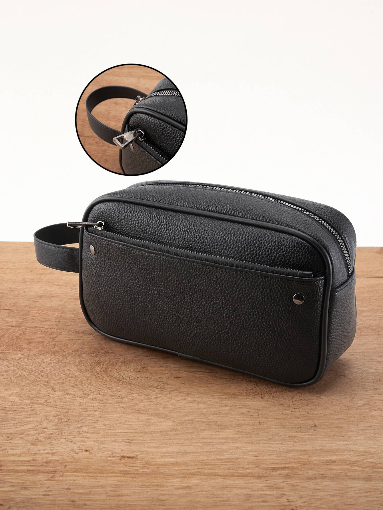 ??Men's Textured PU Leather Organizer Bag - Dual Zipper Hand Carry w/ Detachable Strap, Fits Phone & Essentials