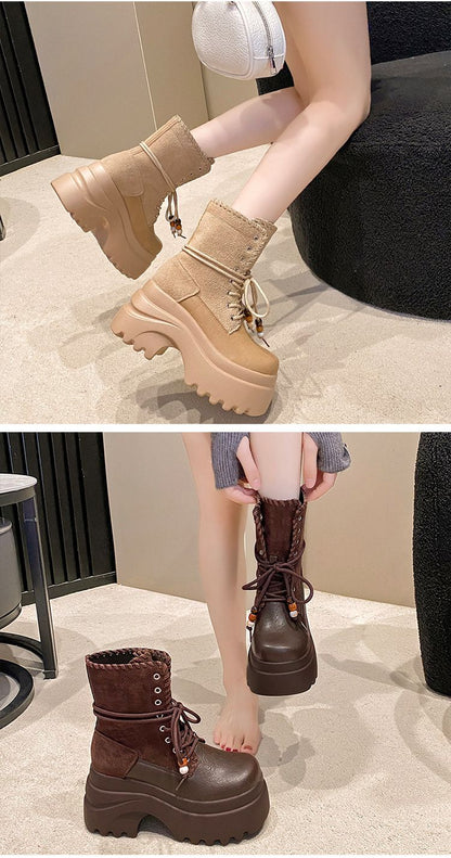 High Platform Women Motorcycle Boots 9CM Wedge Heels Walking Ankle Shoes New 2025 Autumn Winter Lace-up Modern Short Booties