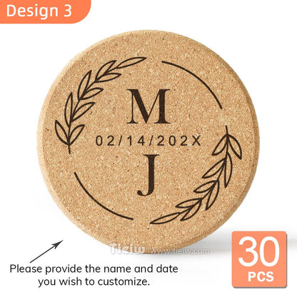 30pcs Personalized Cork Coasters-Tieiw Design-Wedding Favor for Guests Party Bridal Shower Corporate Engraved Coaster Gifts Bulk