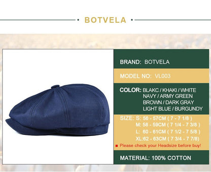 BOTVELA Men's Newsboy Cap Twill Cotton 8 Panel Hat Flat Ivy Cabbie Casual Baker Caps Gatsby Hat Retro Hats Boina Beret for Male