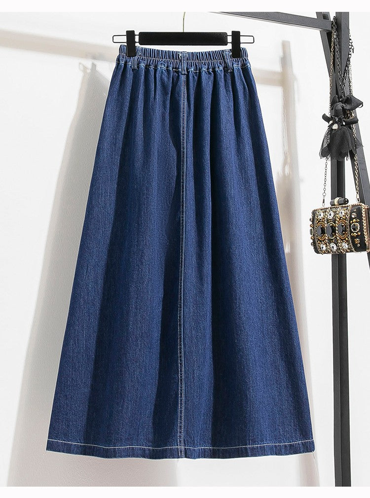 Plus Size Denim Skirt Women Summer 2025 New Korean Style High Waist A Line Pleated Long Jean Skirt Casual Women Maxi Skirt