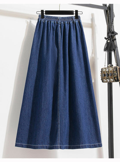 Plus Size Denim Skirt Women Summer 2025 New Korean Style High Waist A Line Pleated Long Jean Skirt Casual Women Maxi Skirt