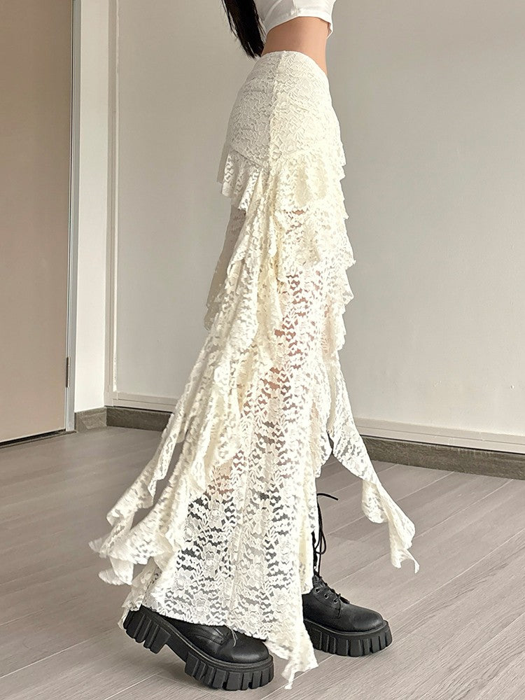 Nibber Tassels Women Skirts Irregular Hem Multi-Layered Ruffles Lace Patchwork S