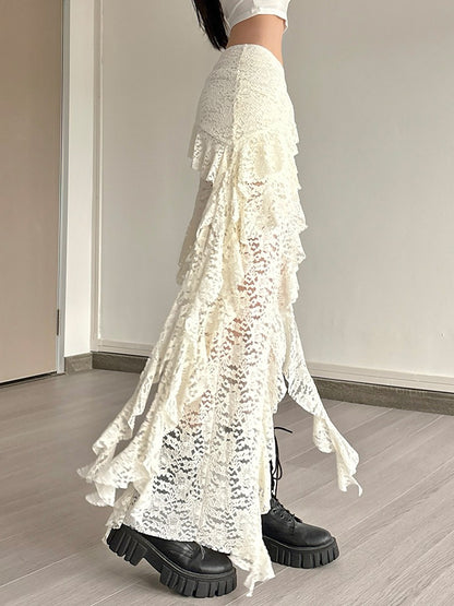 Nibber Tassels Women Skirts Irregular Hem Multi-Layered Ruffles Lace Patchwork S