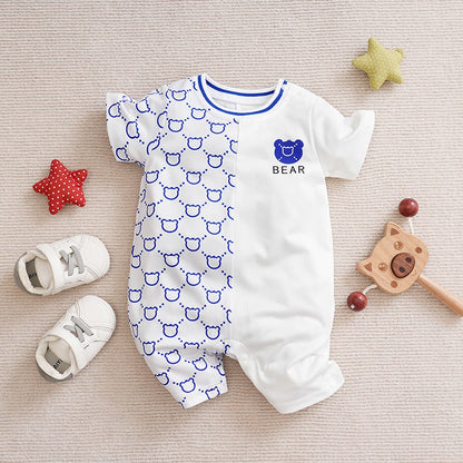 Roupas de Recém-Nascido Macacão de Ursinho de Pelúcia Desenho Animado Patchwork Confortável e Macio Verão Meninos e Meninas 0-18 Macacão de Bebê Manga Curta