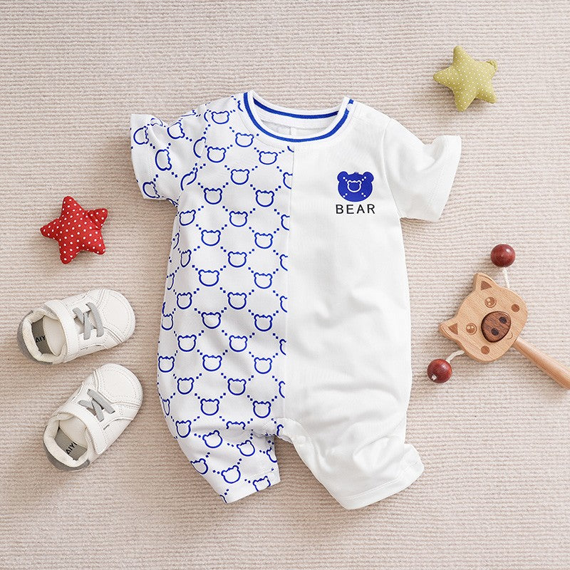 Roupas de Recém-Nascido Macacão de Ursinho de Pelúcia Desenho Animado Patchwork Confortável e Macio Verão Meninos e Meninas 0-18 Macacão de Bebê Manga Curta