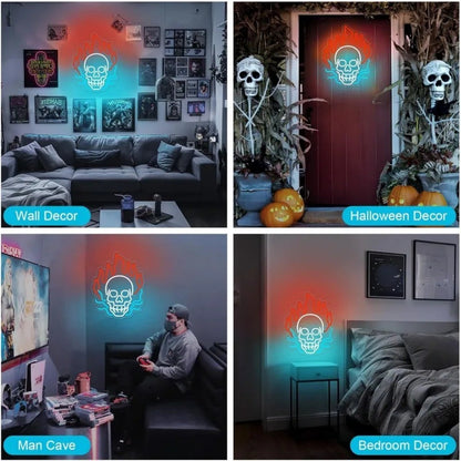 Paredes de Neon Chama de Crânio Decoradas com LEDs de Halloween Reguláveis, Alimentadas por USB, Decorações de Festa de Halloween para Caverna Masculina, Bar, Clube, Sala de Jogos