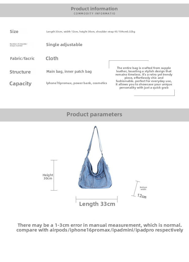 New Denim Shoulder Bag Women Fashion Large Capacity Casual Tote Handle Bag for School Comfortable and Versatile Commute Bag