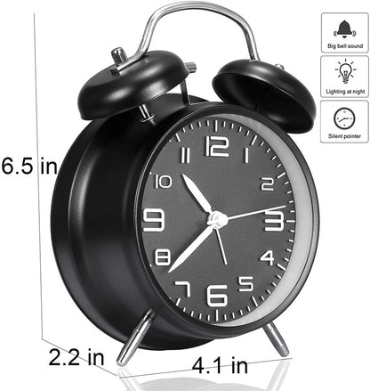 4 Inch Twin Bell Loud Alarm Clock Metal Frame 3D Dial with Backlight Battery Operate Desk Table Alarm Clock For Home and Office