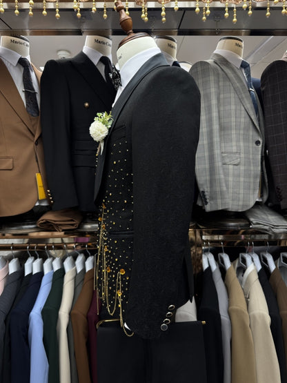 New Golden Beaded Tassel Suit Set Dancing Wear Luxury Classic Men's Suits 3 Pieces Blazer Vest Pants Wedding Groom Sets