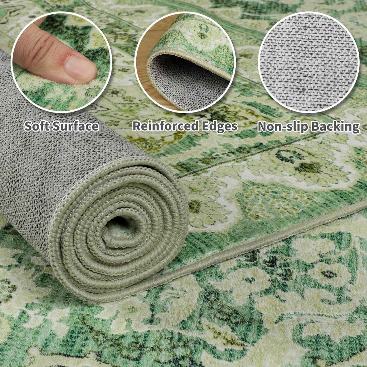 Area Rugs for Living Room, Machine Washable Vintage Rug, Non-Slip Low Pile Throw Rugs with Rubber Backing Washable Carpet