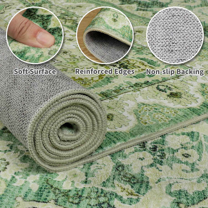 Area Rugs for Living Room, Machine Washable Vintage Rug, Non-Slip Low Pile Throw Rugs with Rubber Backing Washable Carpet
