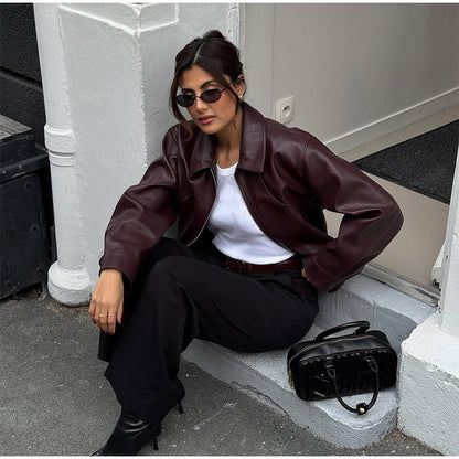 Full Sleeve Cropped Women Casual Slim Thin Motorcycle Coat Chic Zipper Lapel Wine Red Leather Jacket Lady New Highstreet Outwear