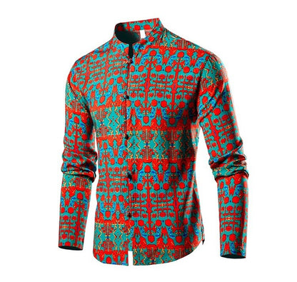 Chinese Style Men's Stand-up Collar Long-sleeved Shirt, Single-breasted Printed Shirts, Fashion Casual Camisas, Red Green Blue