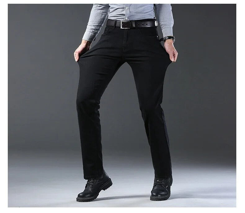 Wthinlee Calça Jeans Masculina Nova, Casual, Reta, Elástica, Moda Clássica, Azul, Preta, Trabalho, Calças Jeans Masculinas de Marca