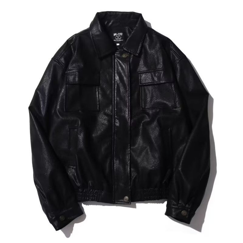 Motorcycle Leather Jacket Men Bomber Pilot Retro Loose Pu Short Coat Japanese Casual Streetwear Multi Pocket Trend Outwear New