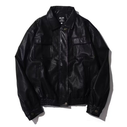 Motorcycle Leather Jacket Men Bomber Pilot Retro Loose Pu Short Coat Japanese Casual Streetwear Multi Pocket Trend Outwear New
