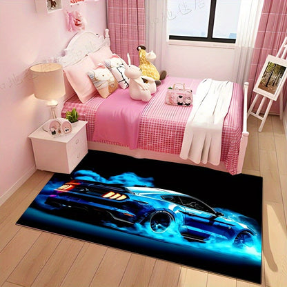 Blue Sports Car Design Area Rug, for Living Room, Bedroom, Game Room Decor - Car Art Floor Mat