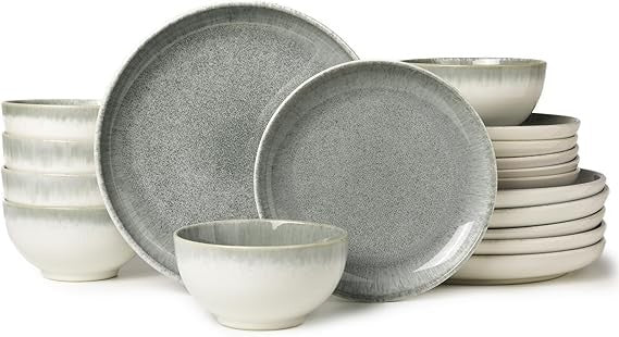 Ceramic Dinnerware Sets for 6, 18 Pieces Stoneware Plates and Bowls Sets, Chip and Stain Resistant Modern Dishes, Dishwasher & M