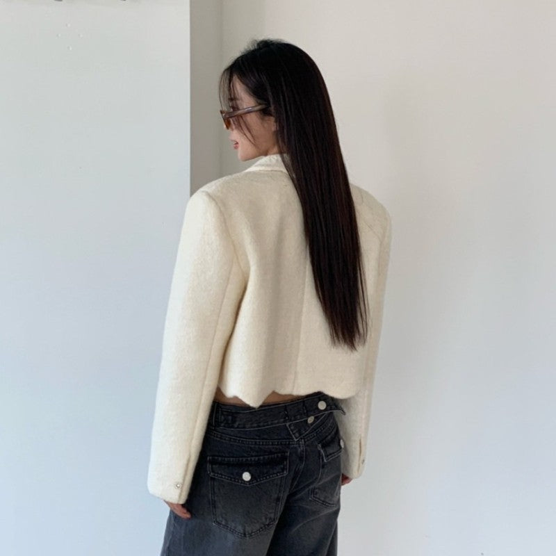 High-end Unique Button-down Woolen Cropped Coat Women Fall Winter Black White Jacket Vintage Design Long Sleeve Coats 2025