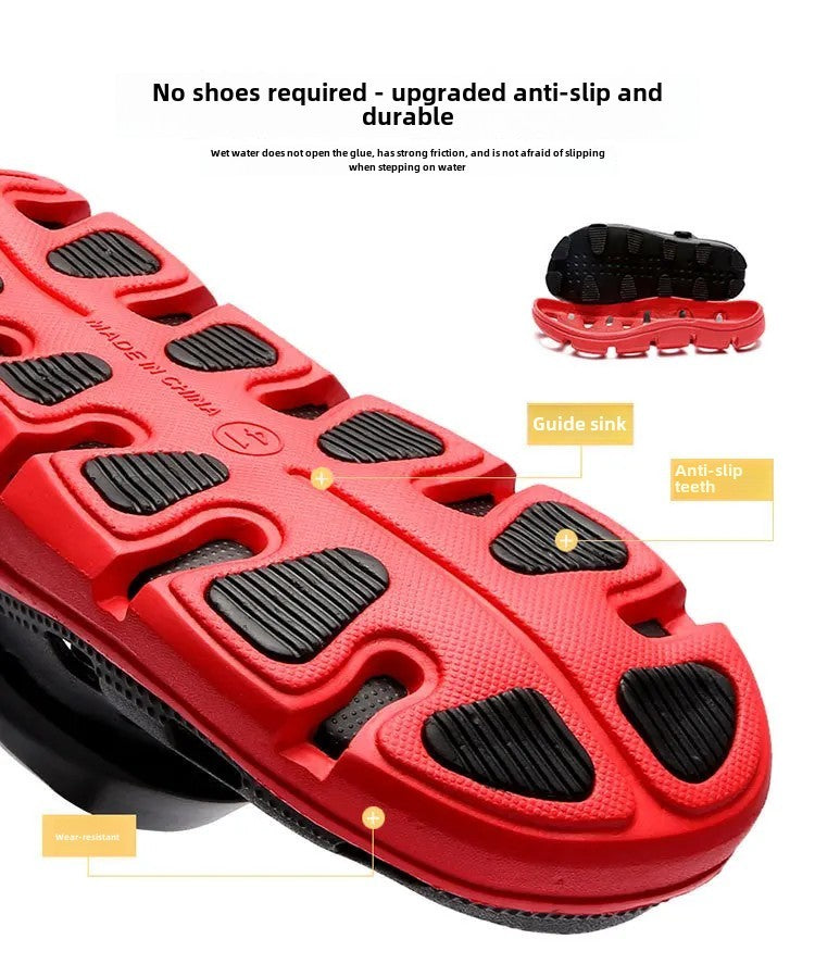2024 Summer Plus Size Hollow Out Sandals Men's Breathable Slippers Trendy Thick Base Slip-On Beach Shoes Men's Footwear